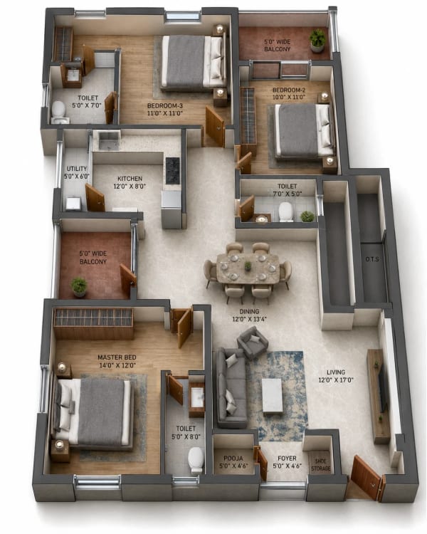 3 BHK Apartment floor plan — 1,400 sqft