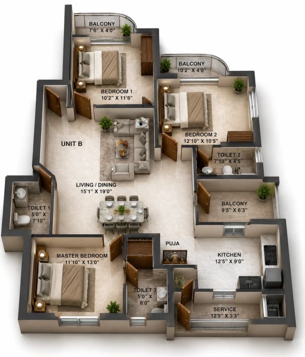 3 BHK Apartments floor plan — 1,600 sqft