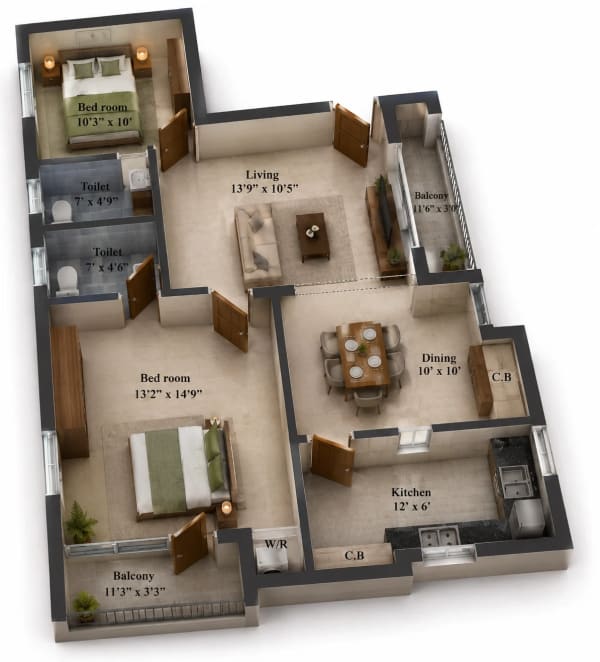 2 BHK Apartment floor plan — 1,125 sqft