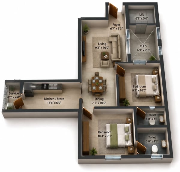 2 BHK Apartment floor plan — 875 sqft