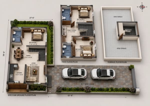 3 BHK Villa floor plan — 1,578 sqft