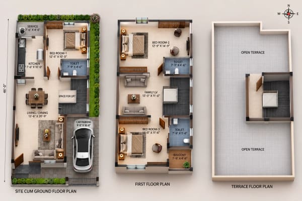 3 BHK Villa floor plan — 2,007 sqft