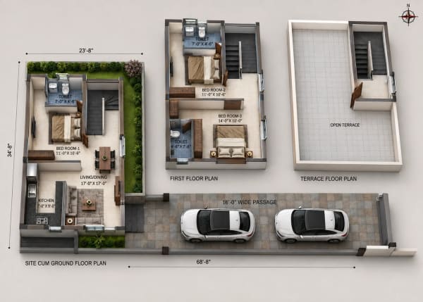 3 BHK Villa floor plan — 1,465 sqft