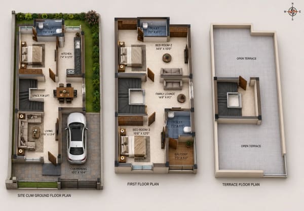 3 BHK Villa floor plan — 1,959 sqft