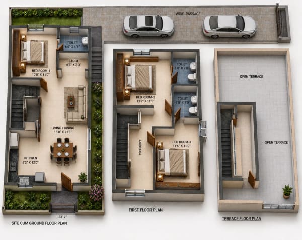3 BHK Villa floor plan — 1,510 sqft