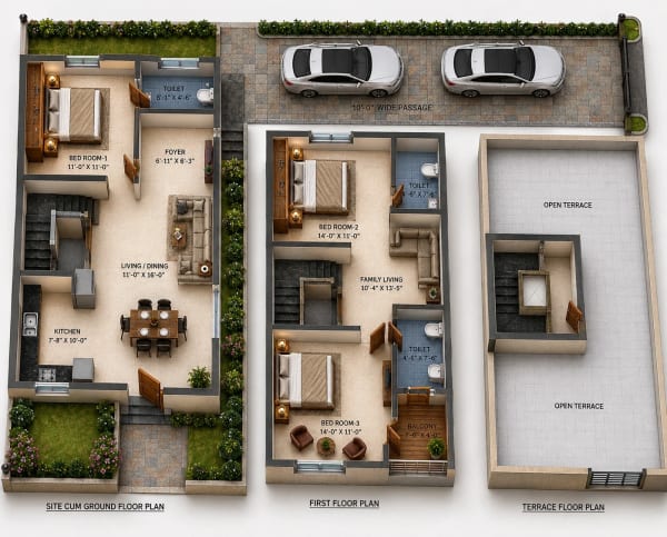 3 BHK Villa floor plan — 1,573 sqft
