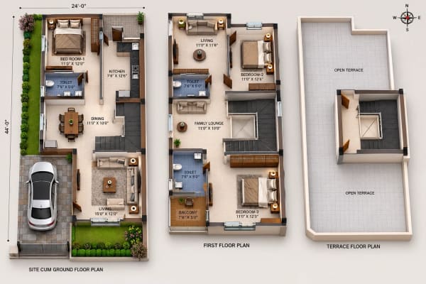 3 BHK Villa floor plan — 1,897 sqft