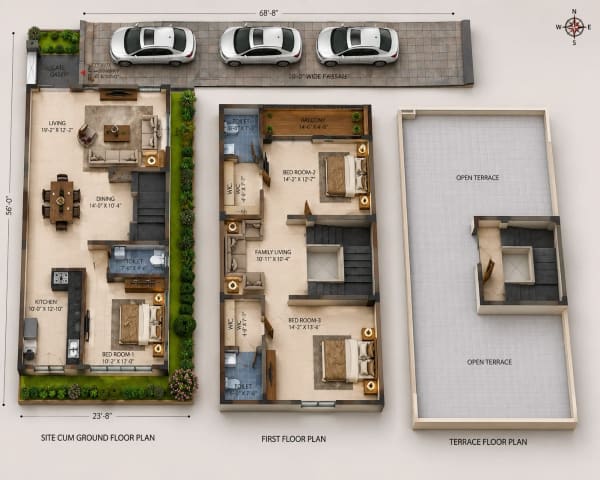3 BHK Villa floor plan — 2,372 sqft