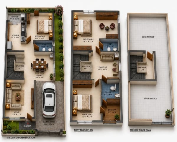 3 BHK Villa floor plan — 2,004 sqft