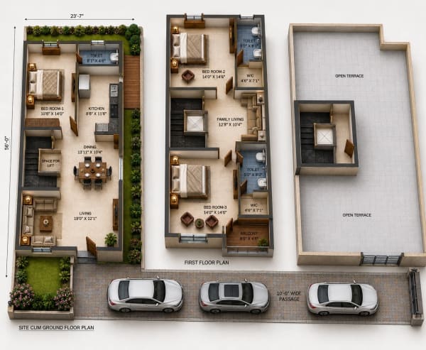 3 BHK Villa floor plan — 2,362 sqft