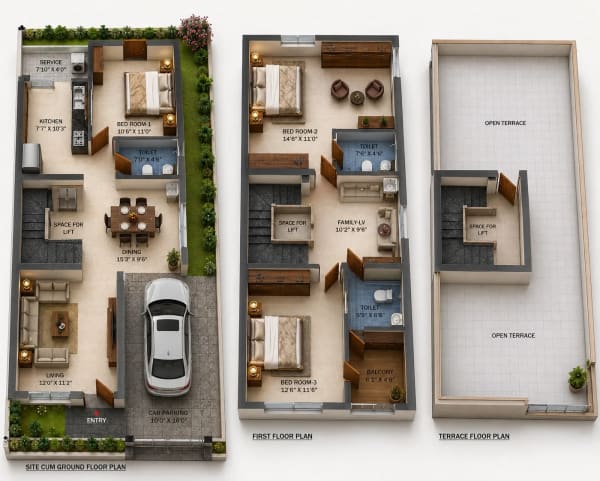 3 BHK Villa floor plan — 1,854 sqft