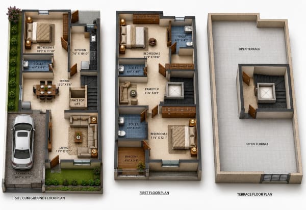 3 BHK Villa floor plan — 1,936 sqft
