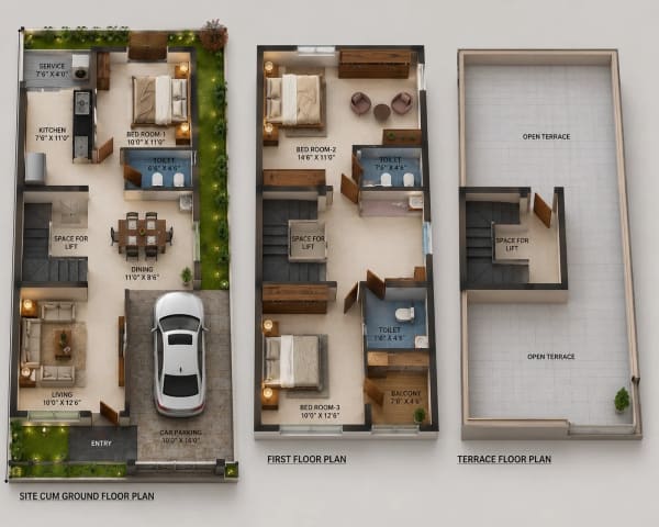 3 BHK Villa floor plan — 1,851 sqft