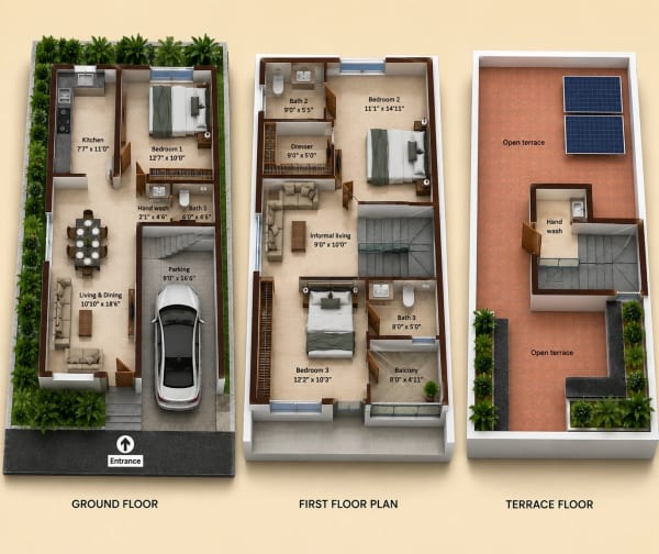 3 BHK Villa floor plan — 1,627 sqft