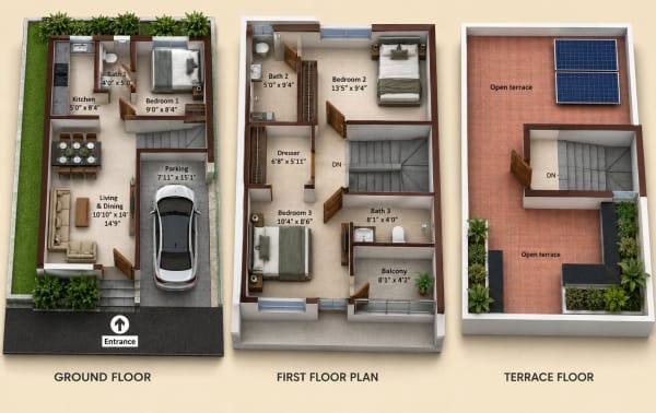 3 BHK Villa floor plan — 1,146 sqft