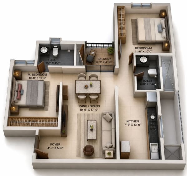 2 BHK Apartment floor plan — 993 sqft