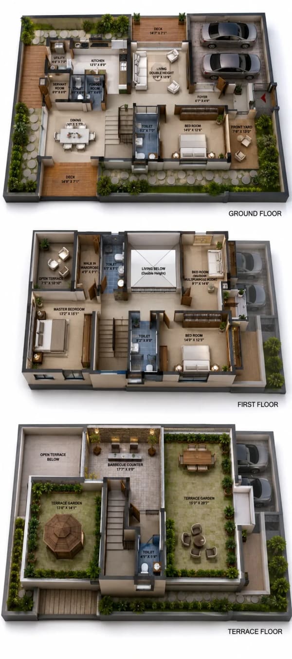 3 BHK Villa floor plan — 1,641 sqft