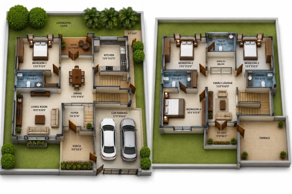4 BHK Villa floor plan — 2,912 sqft