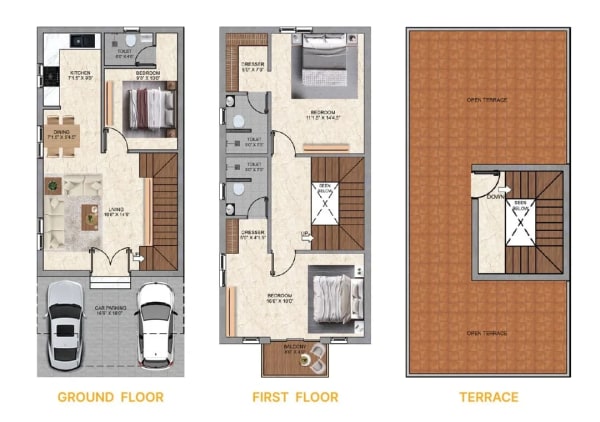 3 BHK Villa floor plan — 1,500 sqft
