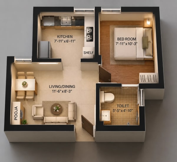 1 BHK Apartment floor plan — 390 sqft