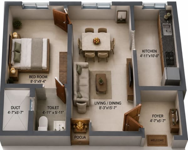 1 BHK Apartment floor plan — 475 sqft