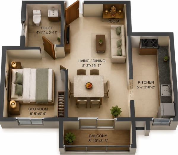 1 BHK Apartment floor plan — 485 sqft