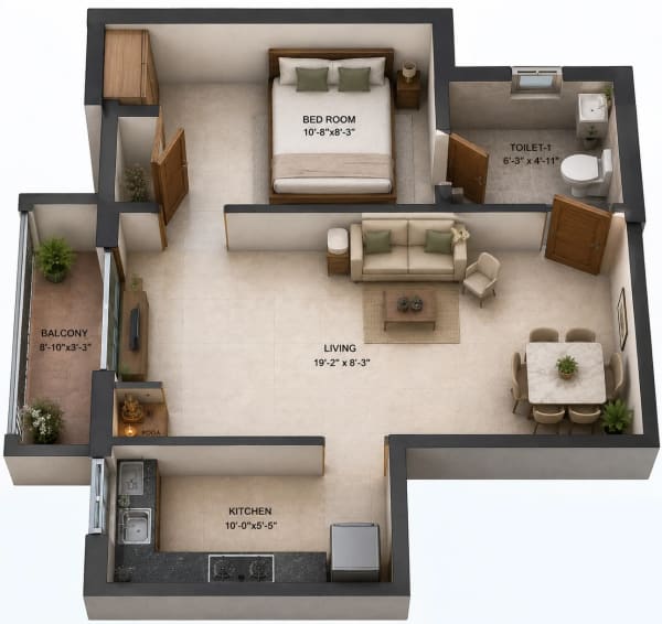 1 BHK Apartment floor plan — 535 sqft