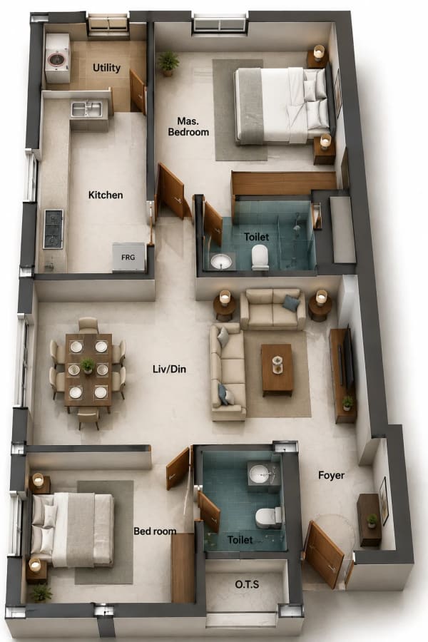 2 BHK Apartment floor plan — 970 sqft