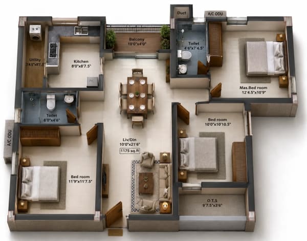 3 BHK Apartment floor plan — 1,175 sqft