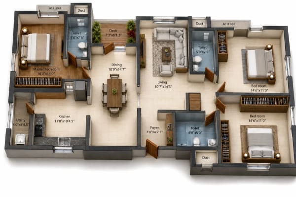 3 BHK Apartment floor plan — 1,650 sqft