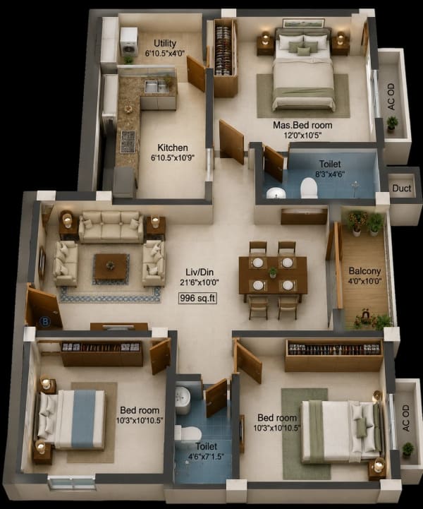 2 BHK Apartment floor plan — 996 sqft