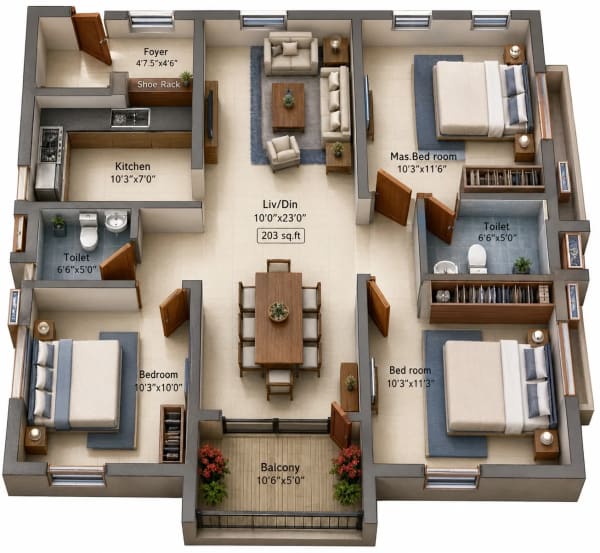 3 BHK Apartment floor plan — 2,485 sqft