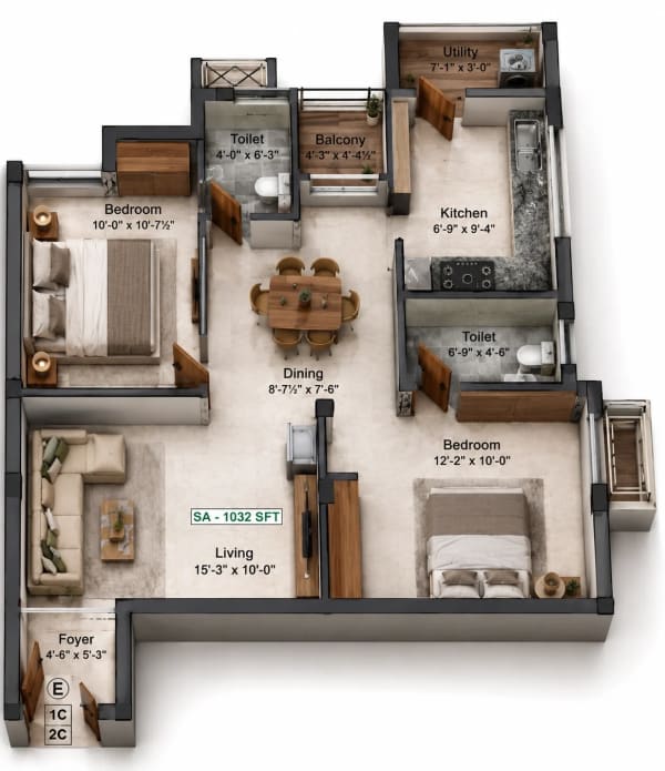 2 BHK Apartment floor plan — 1,032 sqft