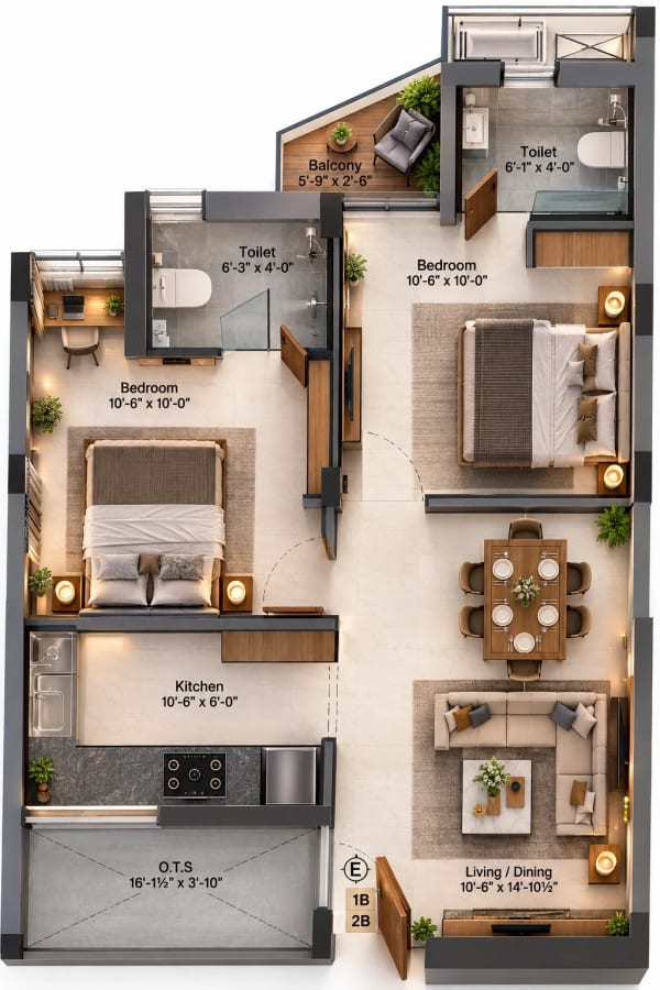2 BHK Apartment floor plan — 809 sqft