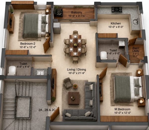 2 BHK Apartment floor plan — 1,084 sqft