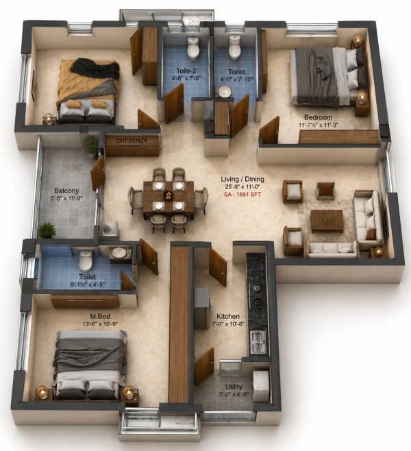 3 BHK Apartment floor plan — Preetha Elite