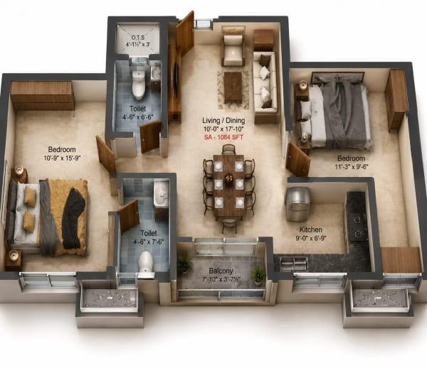 2 BHK Apartment floor plan — 1,061 sqft