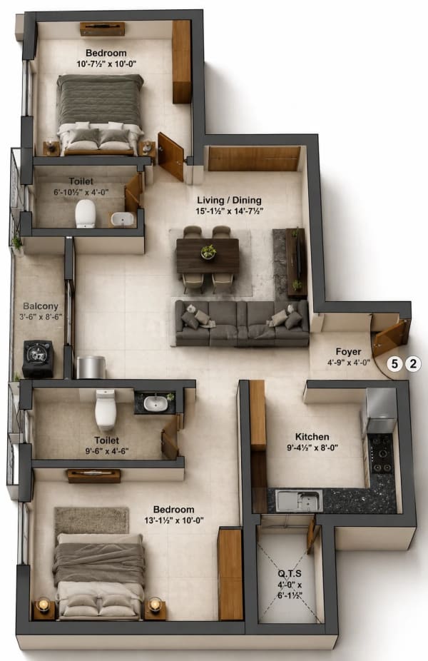 2 BHK Apartment floor plan — 968 sqft