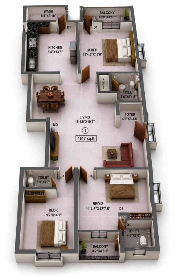 3 BHK Apartment floor plan — 1,617 sqft