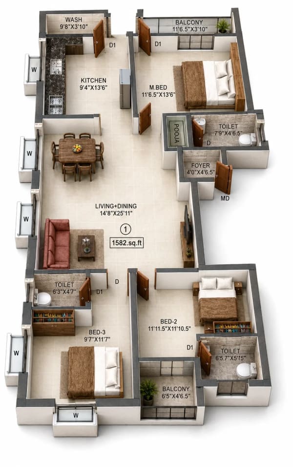3 BHK Apartment floor plan — 1,582 sqft