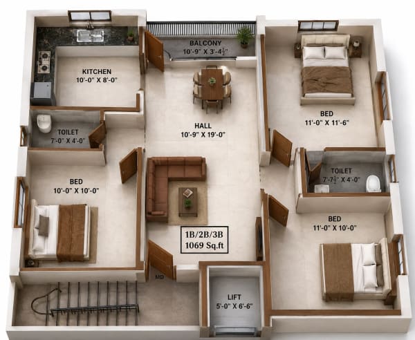 3 BHK Apartment floor plan — 1,069 sqft