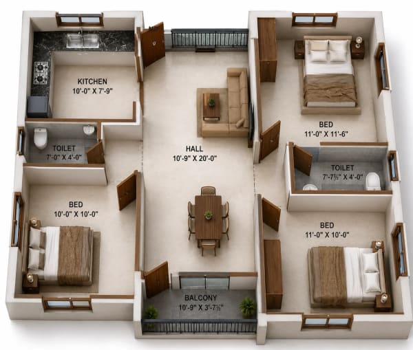 3 BHK Apartment floor plan — 1,083 sqft