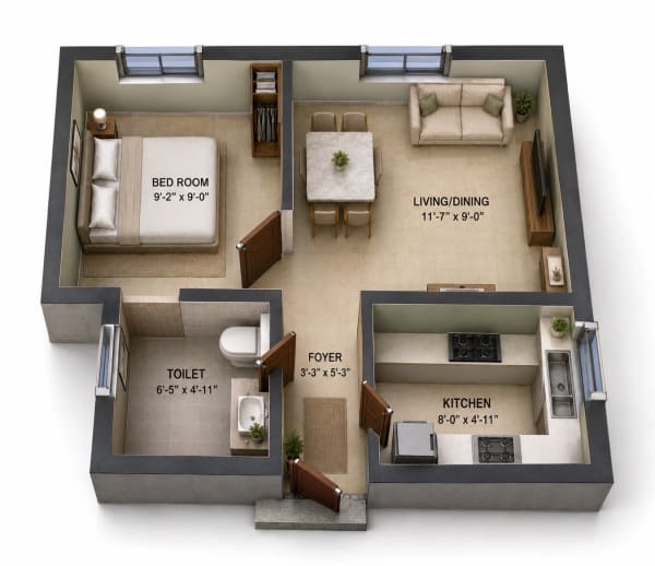 1 BHK Apartment floor plan — 430 sqft