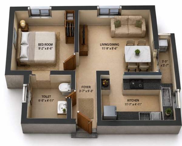 1 BHK Apartment floor plan — 450 sqft