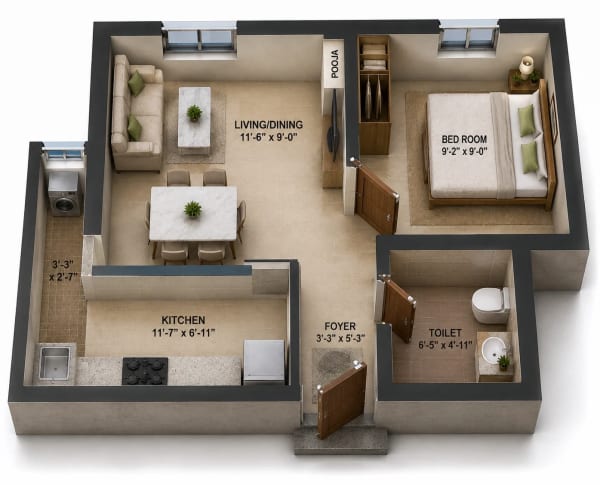 1 BHK Apartment floor plan — 465 sqft