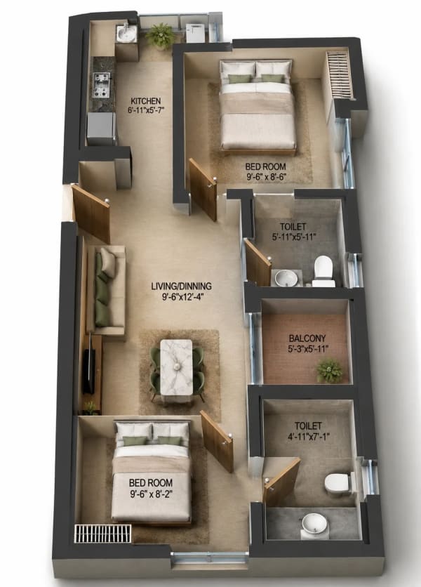 2 BHK Apartment floor plan — Arun Excello Lalithangi