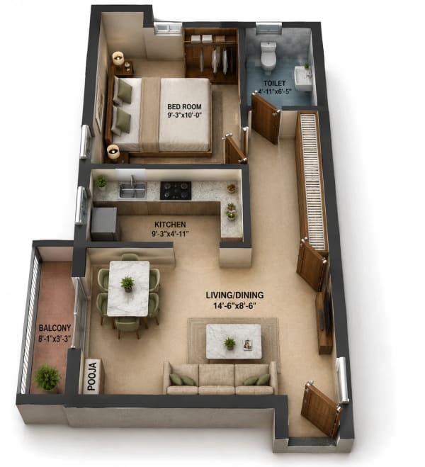 1 BHK Apartment floor plan — 570 sqft