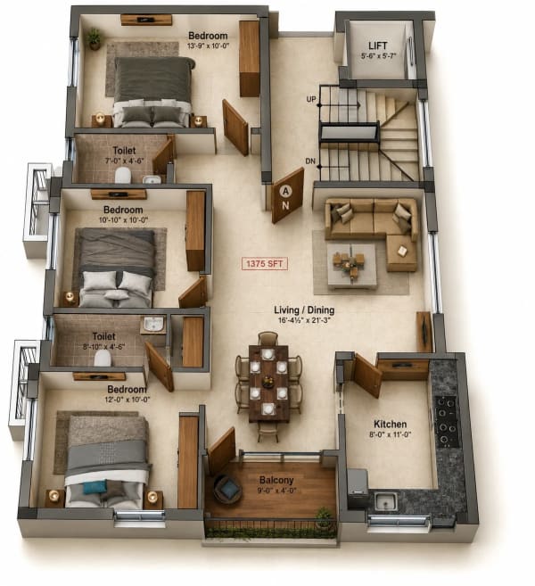 3 BHK Apartment floor plan — Preetha Vignesh Crest