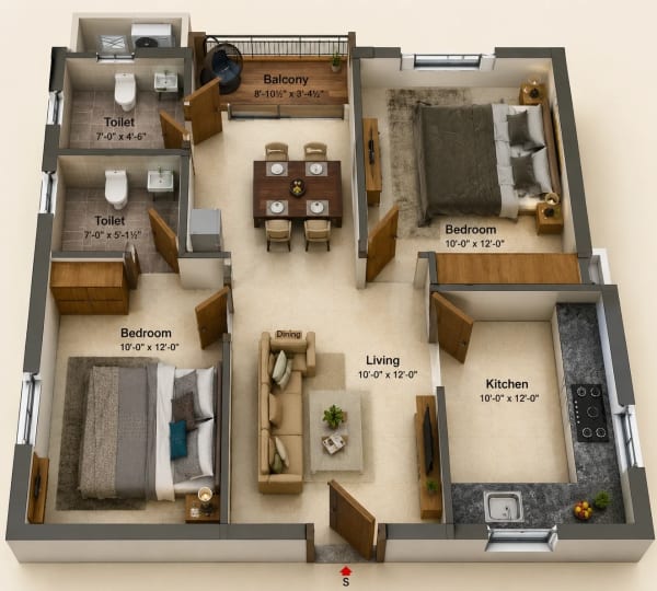 2 BHK Apartment floor plan — 922 sqft
