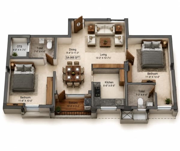2 BHK Apartment floor plan — 966 sqft